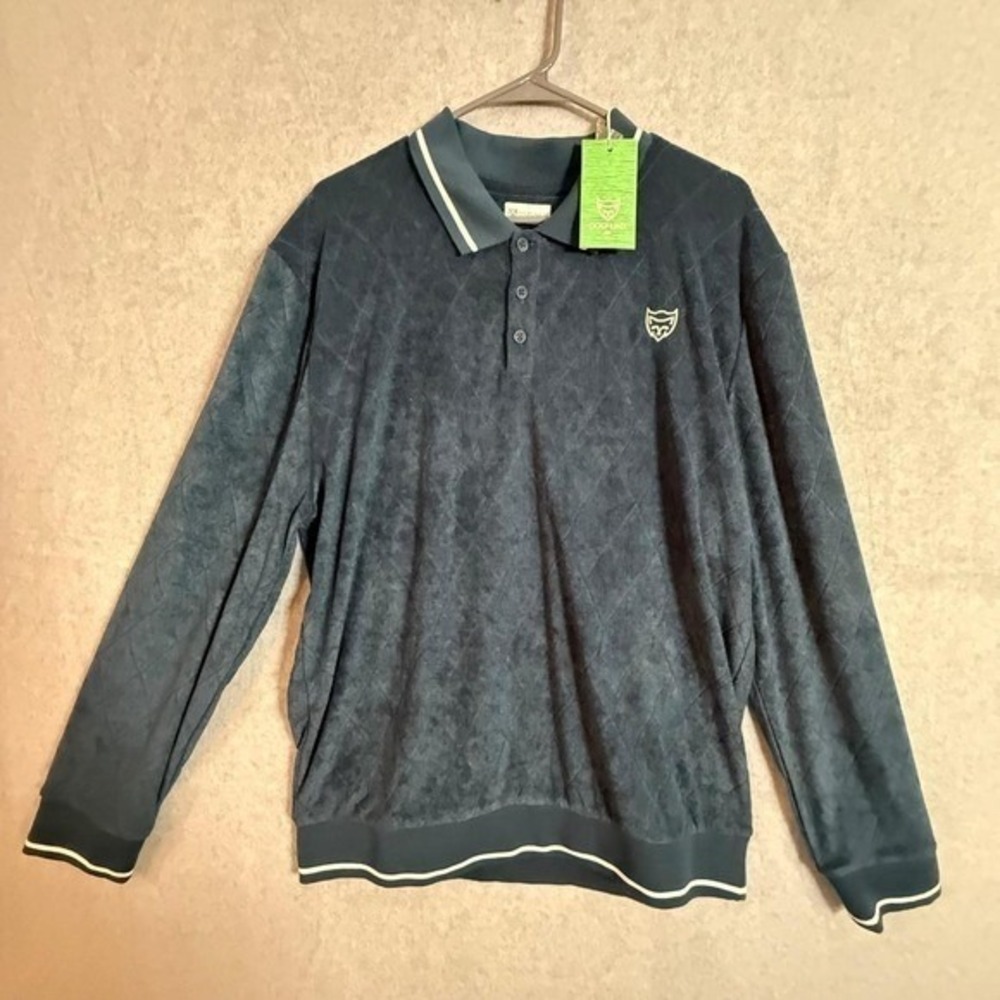 Golf Linx 18 Mens XL Navy Blue Diamond Quilted Velour Long Sleeve Polo Shirt NWT